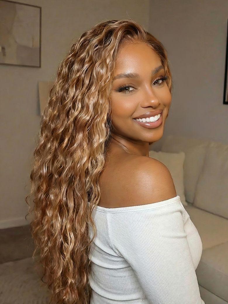 7x5 Bye Bye Slip™ Lace Honey Blonde Highlights Water Wave Wig with Invisi Drawstring