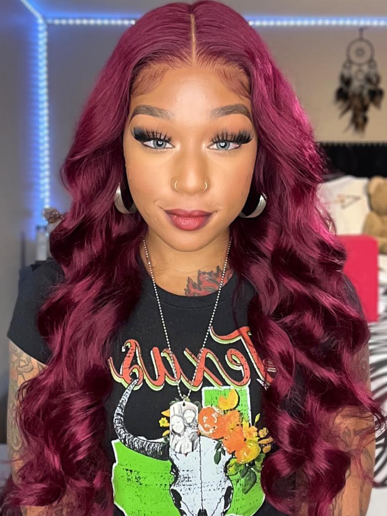 13x4 Transparent Lace Front Red Wine Body Wave Burgundy Wig 150% density