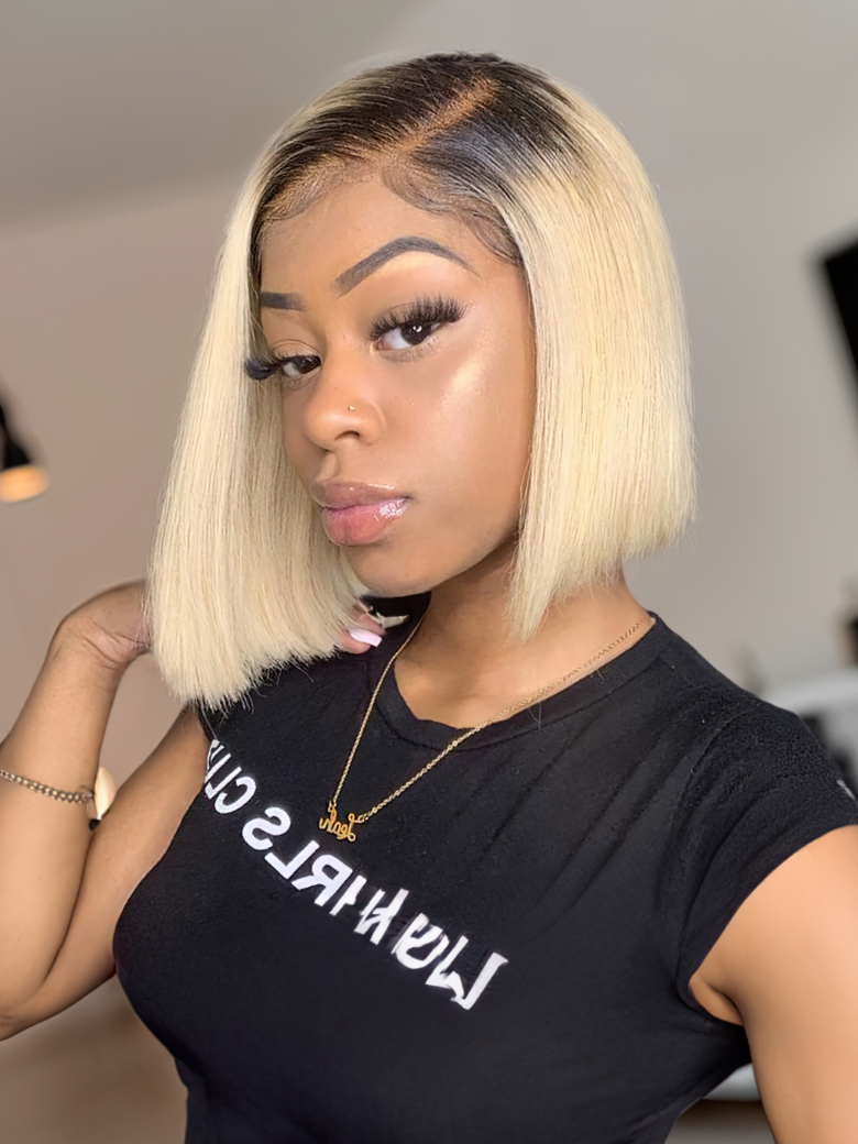 613 Blonde With Brown Roots 13x4 Lace Front Straight Bob Wig