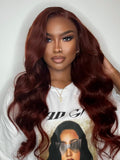 Petaluxe 20 Inch 6x4.5 Pre-Cut Lace Glueless Trendy Color Reddish Brown Body Wave Put On And Go Wig With Baby Hair
