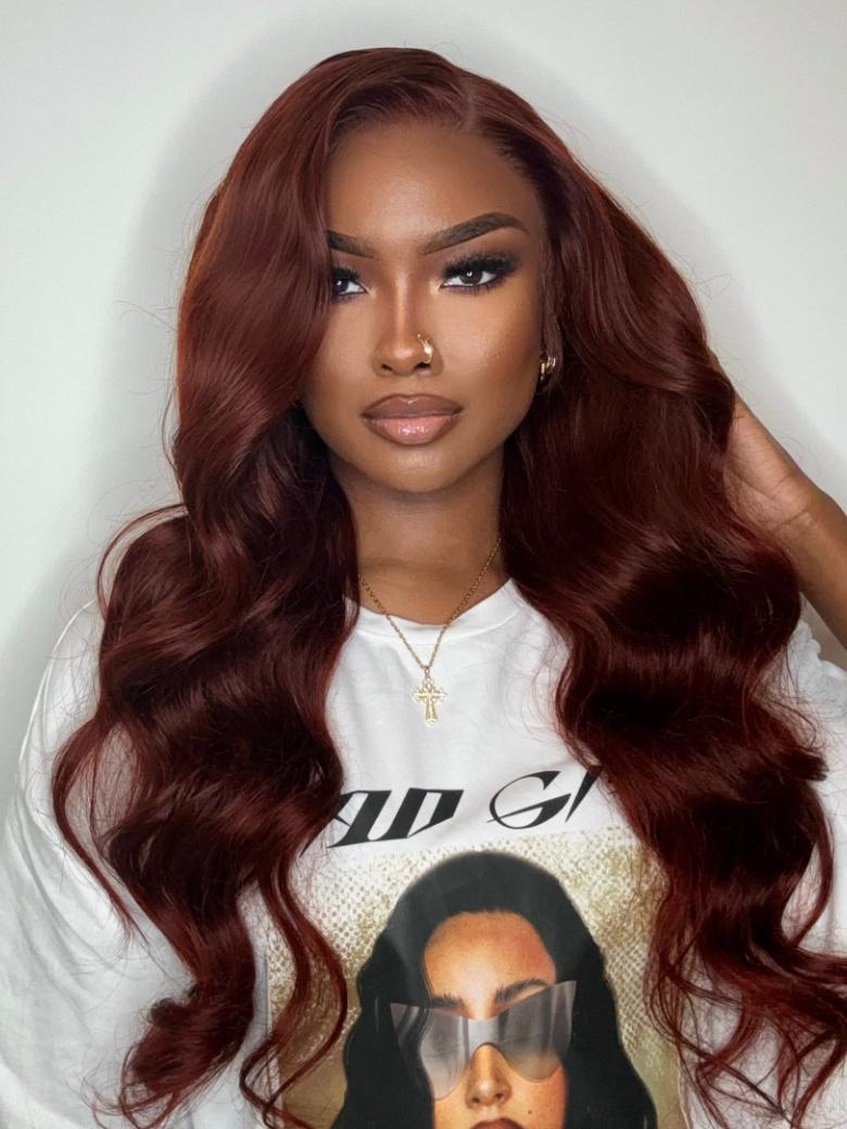 20 Inch 6x4.5 Pre-Cut Lace Glueless Trendy Color Reddish Brown Body Wave Put On And Go Wig With Baby Hair