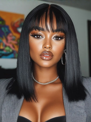 Straight Bob Black Wig Human Hair Glueless Wig with Blunt Bangs 150% Density
