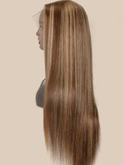 Straight Honey Blonde Highlight Lace Wigs Virgin Human Hair Wigs Pre Plucked With Baby Hair