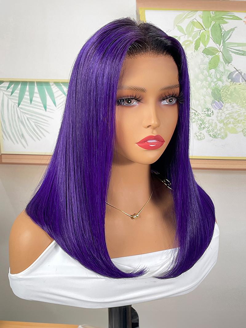 Lace Front Blunt Cut Bob Dark Purple Wig With Dark Roots
