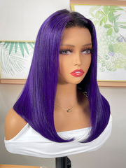 Lace Front Blunt Cut Bob Dark Purple Wig With Dark Roots