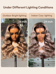 Ash Blonde With Brown Roots No Slip 13x4 Pre-Everything? Lace Frontal Body Wave Wig with Invisi Drawstring
