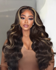 20inch 7x5 Bye-Bye Knots Lace Black to Chestnut Brown Ombre Yaki Straight Wig With Invisi Drawstring& Loose Wave Wig