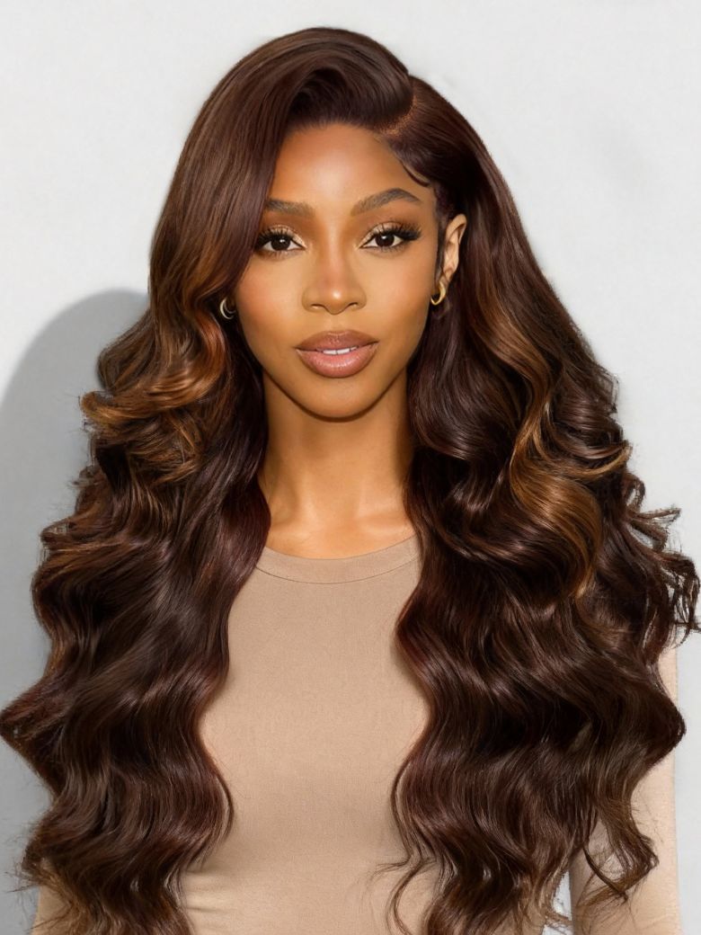 13x4 Pre-Everything? Lace Frontal Cinnamon Brown Body Wave Drawstring Wig with Side-Swept Bangs