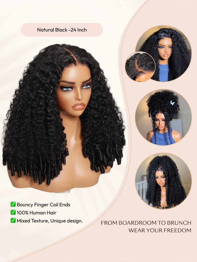 7x5 Bye Bye Slip?Glueless Lace Black to Chestnut Brown Ombre Burmese Curly With Finger Coil Ends Wig-Put On & Go With Invisi Drawstring
