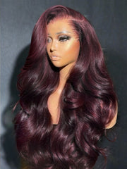7x5 Bye-Bye Knots? & 13x4 Pre-Everything? Lace Frontal Purple Black Cherry Layered Straight & Loose Wave With Invisi Drawstring Wig