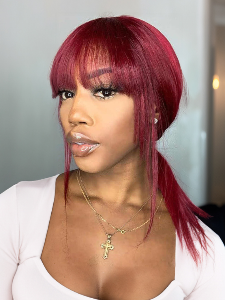 18 Inch Burgundy Silk Straight Human Hair Wigs with Bangs Glueless Machine Made Wigs for Women Real Hair Wig