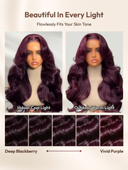7x5 Bye-Bye Knots? & 13x4 Pre-Everything? Lace Frontal Purple Black Cherry Layered Straight & Loose Wave With Invisi Drawstring Wig
