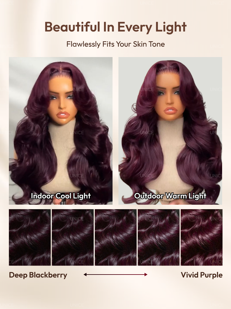 7x5 Bye-Bye Knots? & 13x4 Pre-Everything? Lace Frontal Purple Black Cherry Layered Straight & Loose Wave With Invisi Drawstring Wig