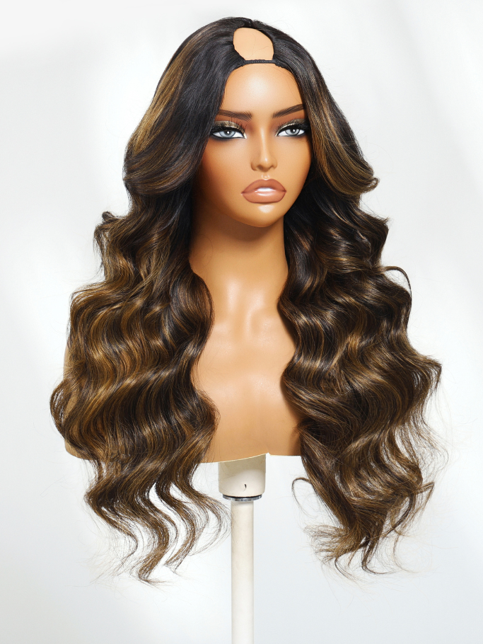 Brown Hair With Highlights Body Wave Wig With Face Framing Layers Beginner Friendly V Part 150% Density