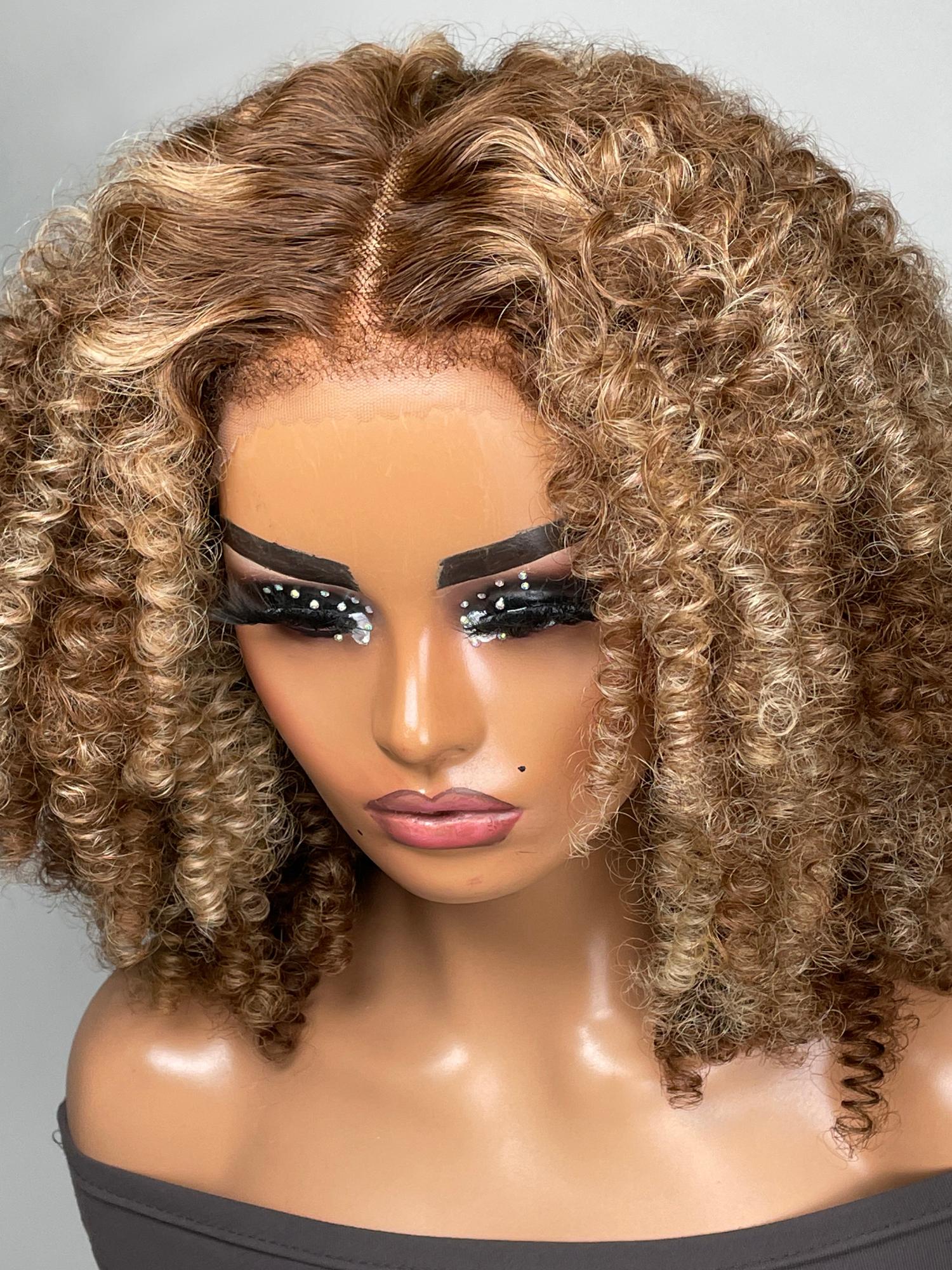 13x4 Pre-cut Lace Front Kinky Curly Honey Blonde Afro 16 Inch Shoulder Length Wig