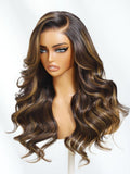 Petaluxe Bye-Bye Knots? 7x5 Lace Brown with Chocolate Caramel Highlights Body Wave Glueless Drawstring Wig