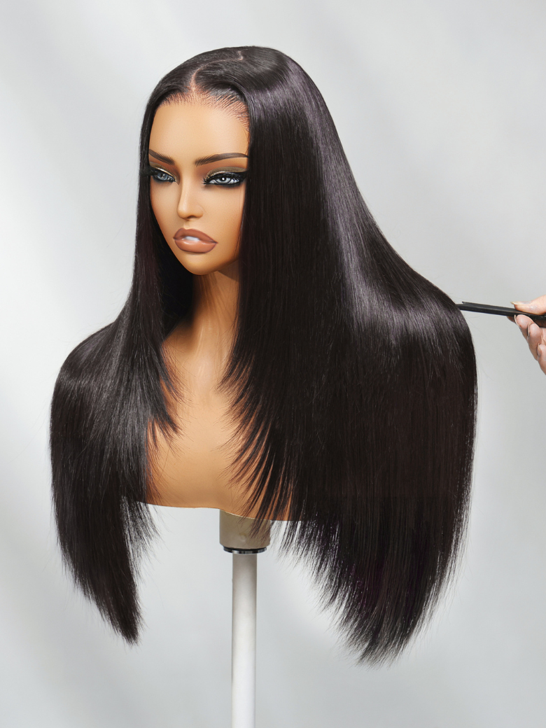 13x4 Pre-Everything? Lace Frontal Black Feather Layer Cut Straight Glueless With Invisi Drawstring