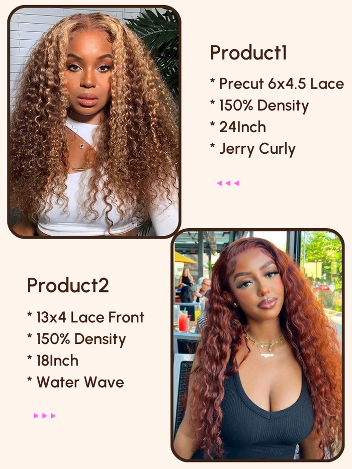 Petaluxe 2 Wigs $238 for 24" Precut 6x4.5 Lace Honey Blonde Curly Wig and 18" 13x4 Lace Front Reddish Brown Water Wave Wig