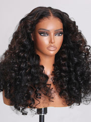 (US Only) 22 Inch 7x5 Glueless Lace 180% Density Bye Bye Knots Wig Black Brown Highlights Wand Curls Wig