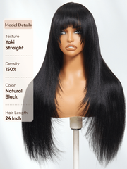 7x5 Bye-Bye Knots Lace Frontal Pull And Go Fluffy Natural Black Loose Wave & Machine Made Yaki Human Hair Glueless Curtain Bangs Wig
