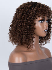 Glueless Dark Brown Curly Ombre Black Root Bob Wig With Bangs Machine Made Wig