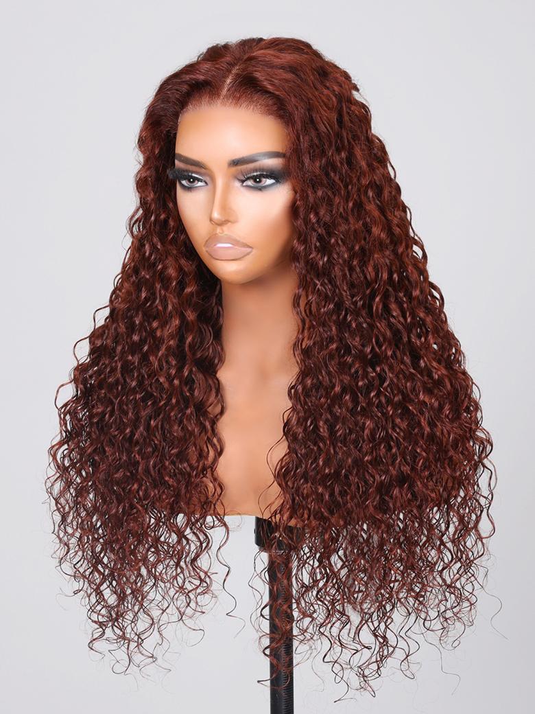 [From 18"] 6X4.5 Pre-Cut Lace Reddish Brown Water Wave Put On And Go Air Wig 150% Density