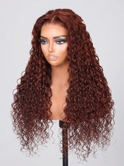 [From 18"] 6X4.5 Pre-Cut Lace Reddish Brown Water Wave Put On And Go Air Wig 150% Density