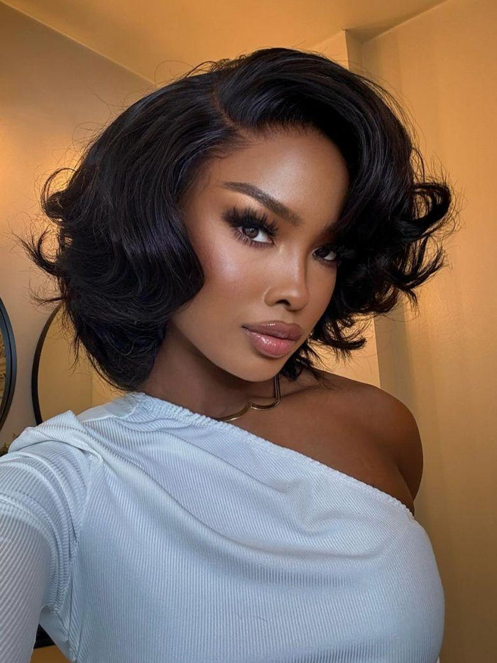 Petaluxe 13x4 Lace Front Bouncy Yaki Loose Wave & 7x5/ 13x4 Pre-Cut Body Wave Black Shoulder Length Wig With Baby hair & Drawstring