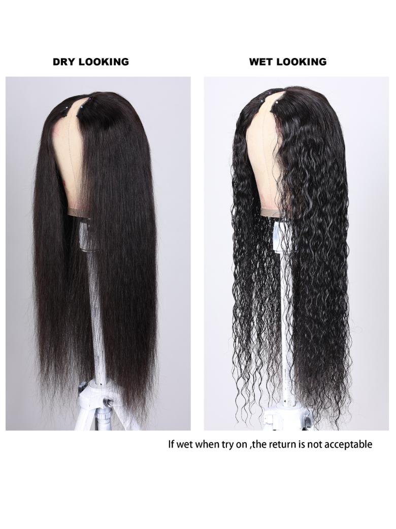 Magic Dry Straight & Wet Curly Wig 2 Styles in 1 V Part Curly Human Hair Black Wig