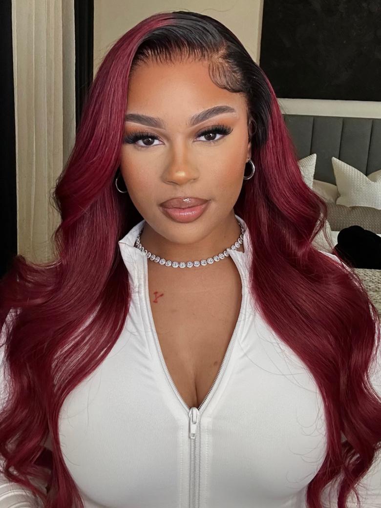 24" 180% Density 13x4 Lace Front Burgundy Red With Dark Roots Body Wave Wig