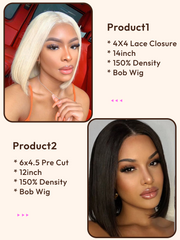 2 Wigs $140 for 14" Blonde Color Lace Closure Bob Wig and 12" Pre Cut 6x4.5 Lace Bob Wig