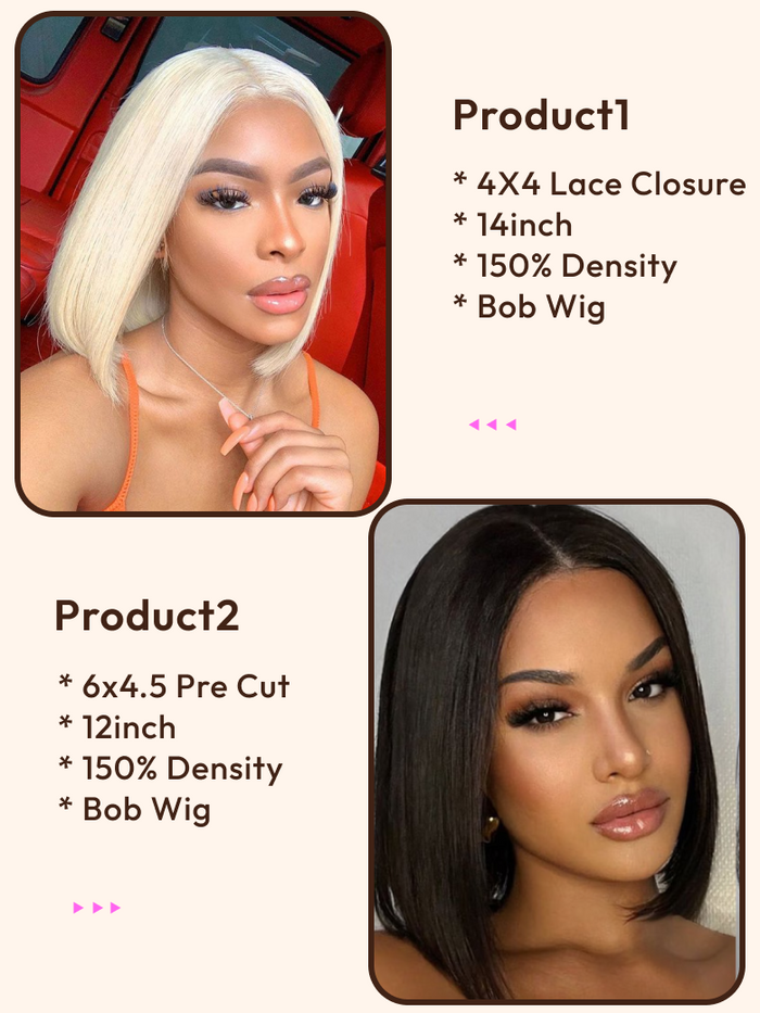 Petaluxe 2 Wigs $140 for 14" Blonde Color Lace Closure Bob Wig and 12" Pre Cut 6x4.5 Lace Bob Wig