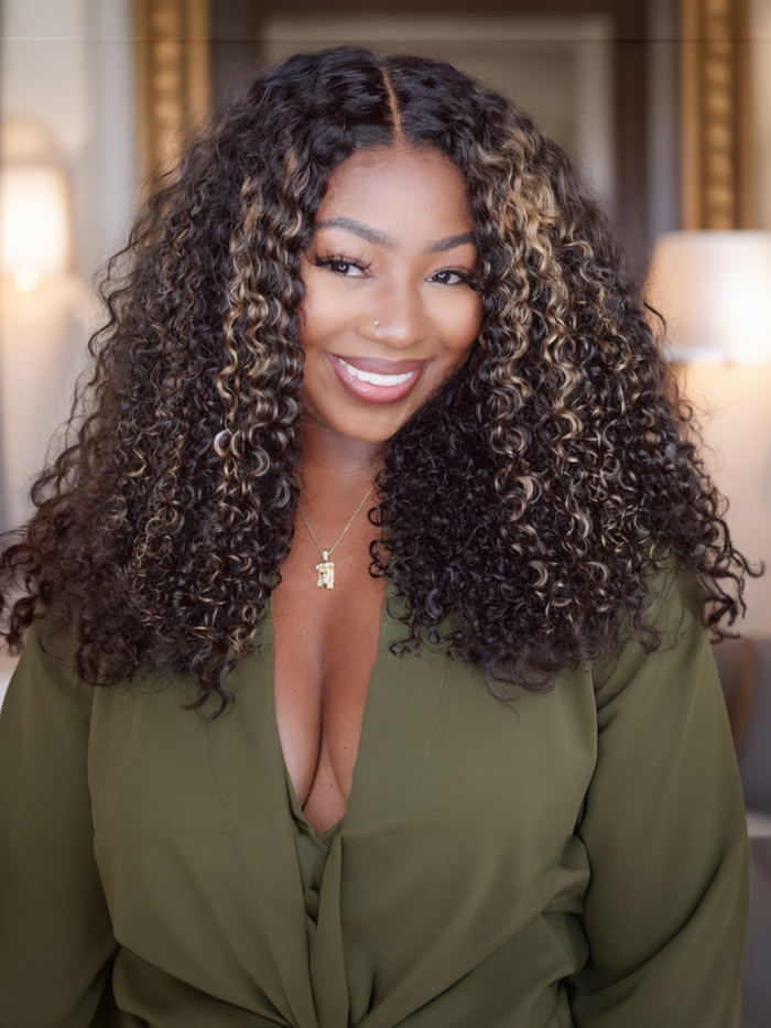 Petaluxe [From 20"] 6x4.5 Pre Cut Lace Curly Wig Put On And Go Quick Easy Black With Blonde Highlights 150% Density