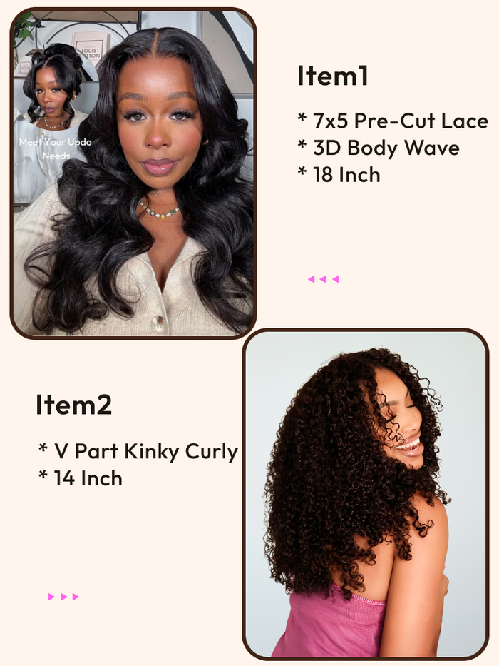Petaluxe 2 Wigs $189 for 7x5 Bye Bye Knots Body Wave 18" And V Part Kinky Curly 14" Wigs