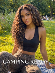 7x5 Bye-Bye Slip Lace Water Wave Black Wig With Golden Brown Highlights 150% Density Perfect Beach