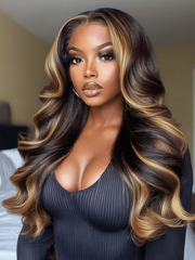 Bye-Bye Knots Wig 7x5 Lace Bouncy Loose Wave Butterscotch Highlights Brown Wig 150% Density