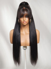 7x5 Bye Bye Slip? Lace Black Glueless Long Layered Yaki Straight Drawstring Wig with Wispy Bangs