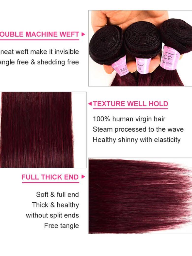 99j Straight Human Hair 3 Bundles 100g/Bundles Human Virgin Hair Red Wine Burgundy Color Hair Weave Icenu Series