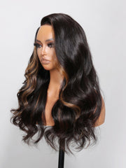 13x4 Lace Front Black Hair With Brown Skunk Stripe Highlights Loose Wave Wig