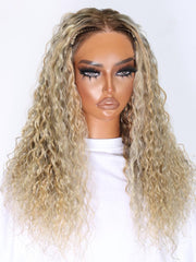 13x4 Lace Front Glossy Blonde With Silver Highlight Water Wave Wig