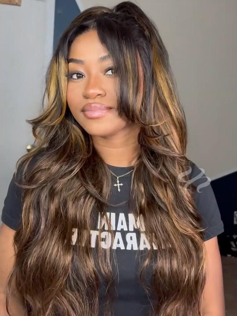 7x5 Bye Bye Slip? Balayage Highlight Body Wave & Curtain Bangs Wig �C Glueless Lace Pull & Go with Invisi Drawstring