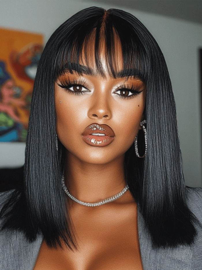 Petaluxe 2x4 Lace Closure Yaki Straight Bob Wig with Chinese Bangs 150% Density