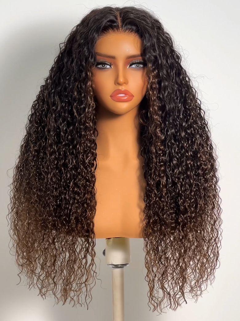 7x5 Bye Bye Slip? Glueless Lace Black to Chestnut Brown Ombre Bouncy Water Wave Curly Wig with Invisi Drawstring