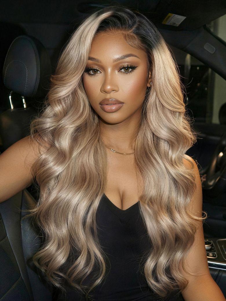 Ash Blonde With Brown Roots No Slip 13x4 Pre-Everything? Lace Frontal Body Wave Wig with Invisi Drawstring