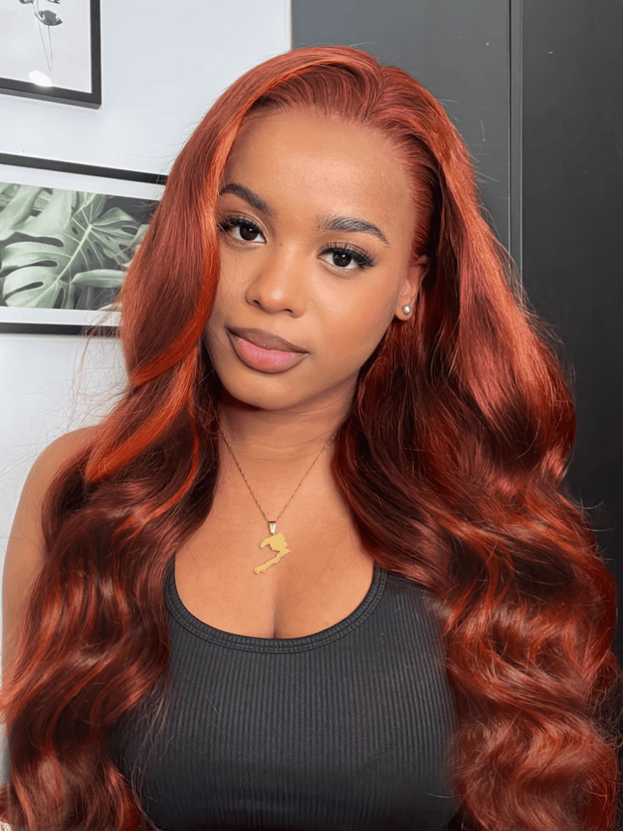 [New In] Petaluxe Bye-Bye Knots 7x5 Lace Loose Wave Red Orange Highlights Wig with Face Framing Layers 150% Density