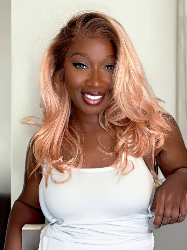 20 Inch 13x4 Lace Front Peachy Blonde Body Wave Wig With Dark Roots