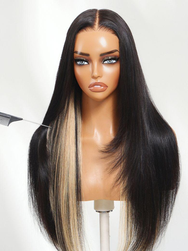 Bye-Bye Slip? 7x5 Lace Black with Blonde Peekaboo Highlights Layered Straight Wigs with Invisi Drawstring 150% Density