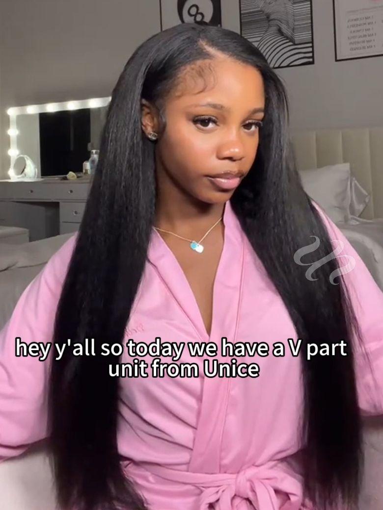 [Kinky Straight When Wet] InvisiBlend? V Part Silk Press To Blow Out Kinky Straight Natural Black Wig Protect Your Natural Hair