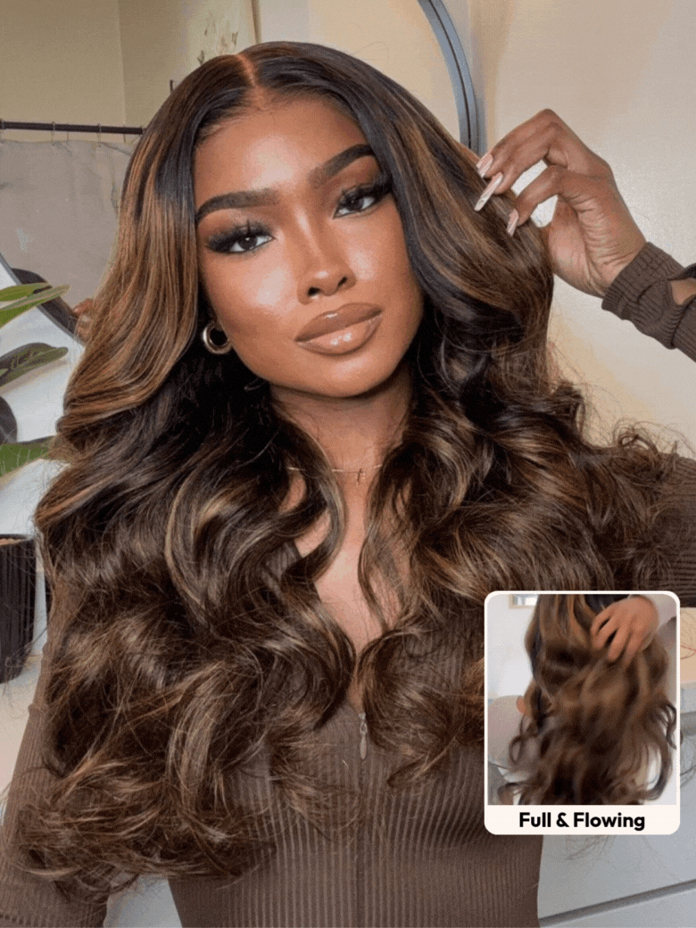 7x5 Bye Bye Knots? Wig Glueless Lace Balayage Highlight Body Wave Drawstring & With Bangs Wig