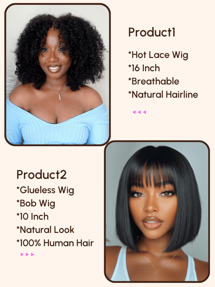 Petaluxe $79=2 Wigs | 16" Lace Part Kinky Curly Wig and 10" Bob Wig with Bang